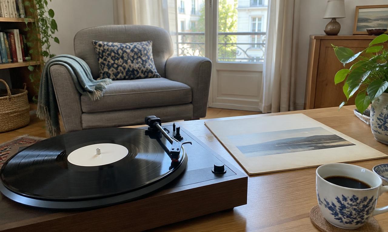 Un disque sur une platine à côté d’un café, avec un fauteuil près de la fenêtre